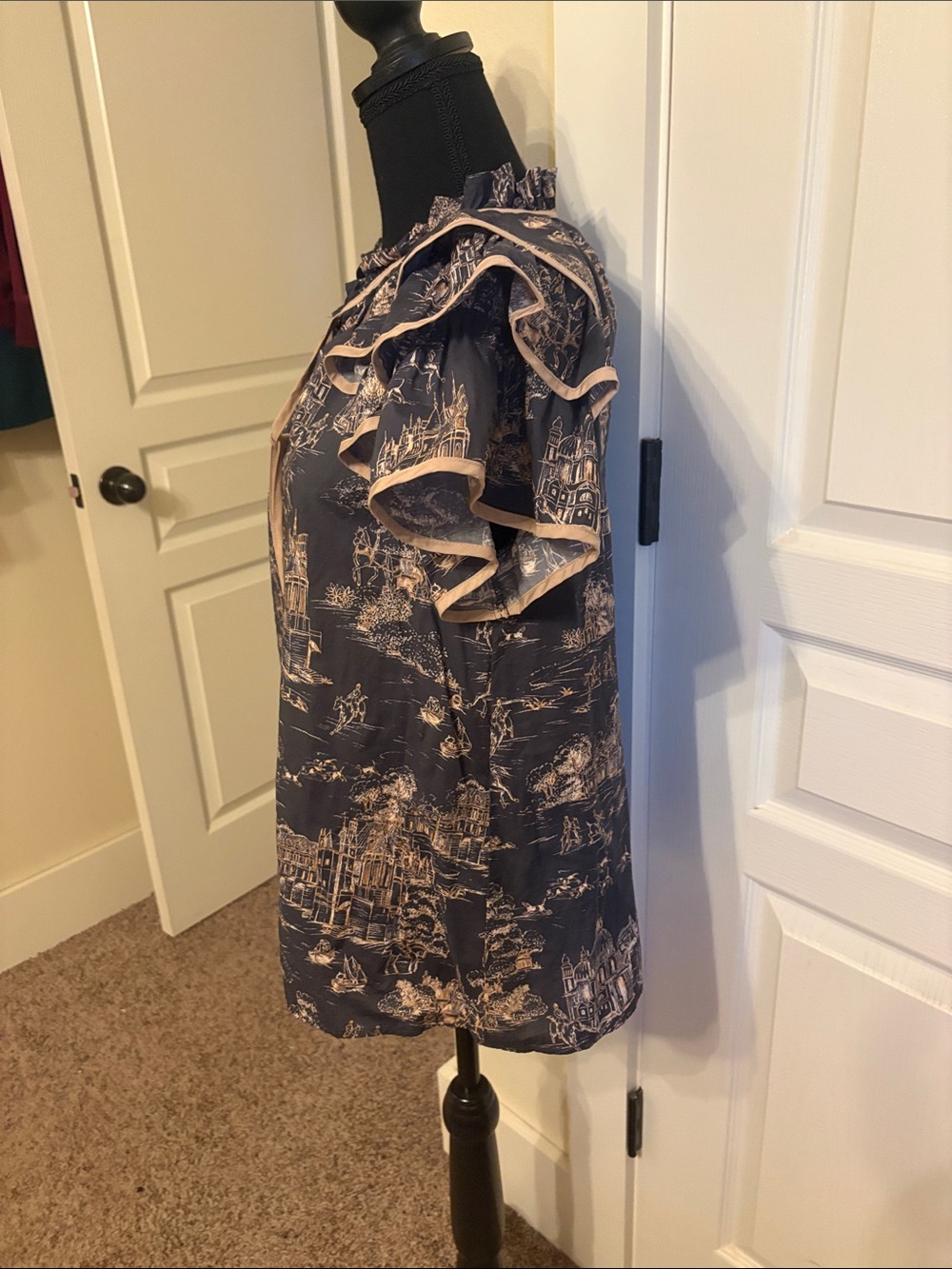 entro Navy Blue Toile Print Ruffle Tie-Front Blouse with Tan Trim - Picture 2 of 4